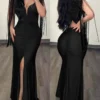 Elegant Evening Party Dresses for Women Sexy Contrast Sequin Ruched Slit Evening Dress 2023 New Fashion Casual Female Clothing