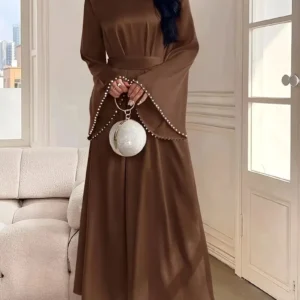 Muslim Women's Solid Color Lace-Up Pearl Arabian Dress for Formal Dinner Parties