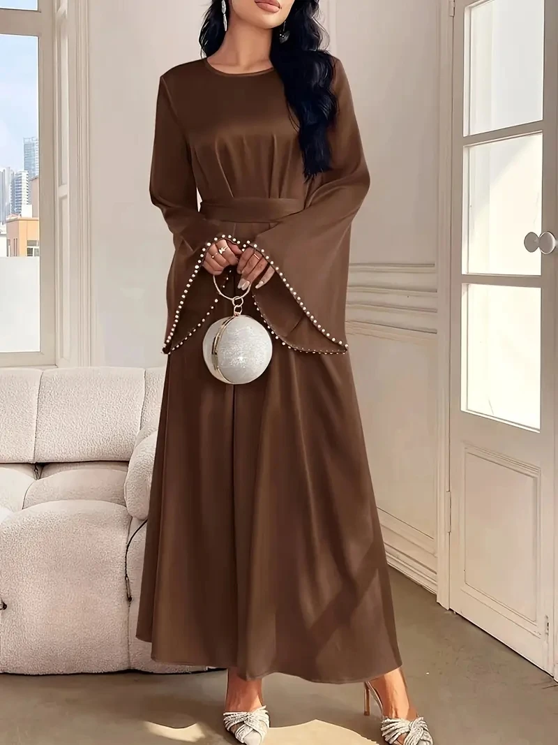 Muslim Women's Solid Color Lace-Up Pearl Arabian Dress for Formal Dinner Parties